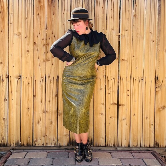 Vintage 90s Vision Apparel Green Snake Print Pleather Sleeveless Sheath Dress - Picture 4 of 11